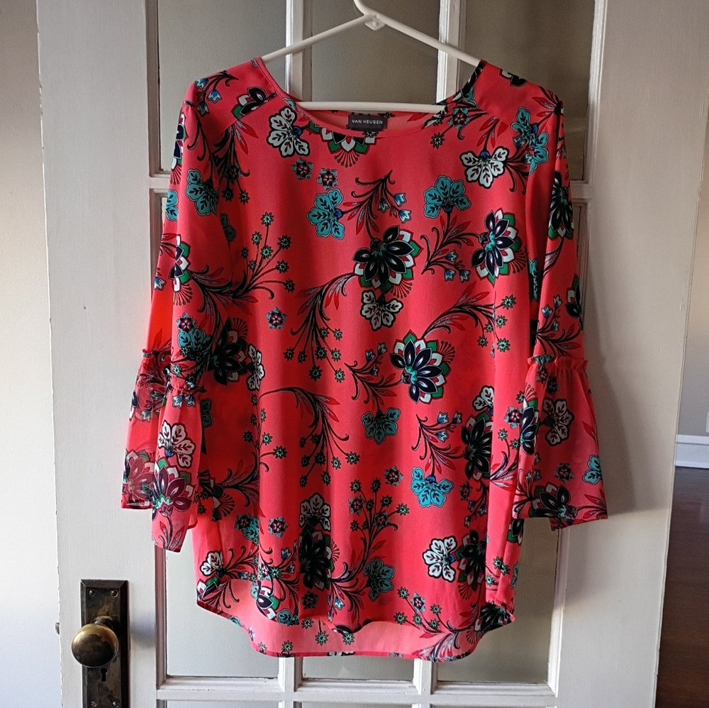 Van Heusen Women's Floral Flared Sleeve Tunic Top M Pink 100% Polyester